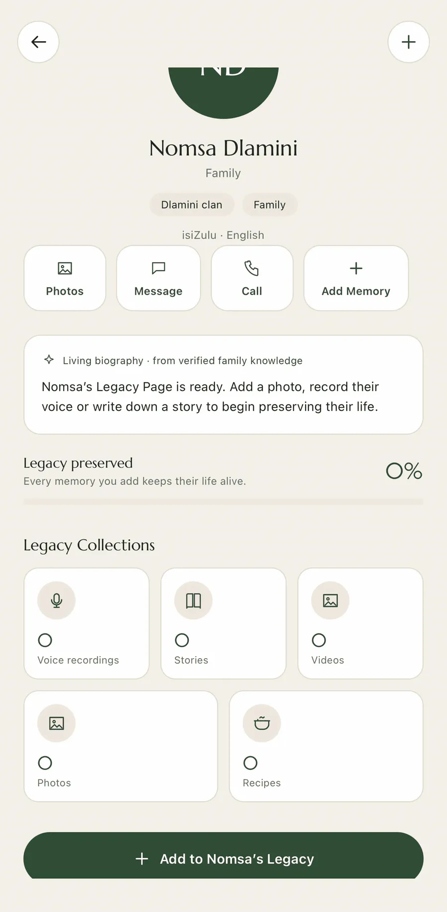 A legacy page in the Sibaya app for an example family elder, Nomsa Dlamini. It lists her clan and family, buttons to add photos, a message, a call or a memory, and collections for voice recordings, stories, videos, photos and recipes.
