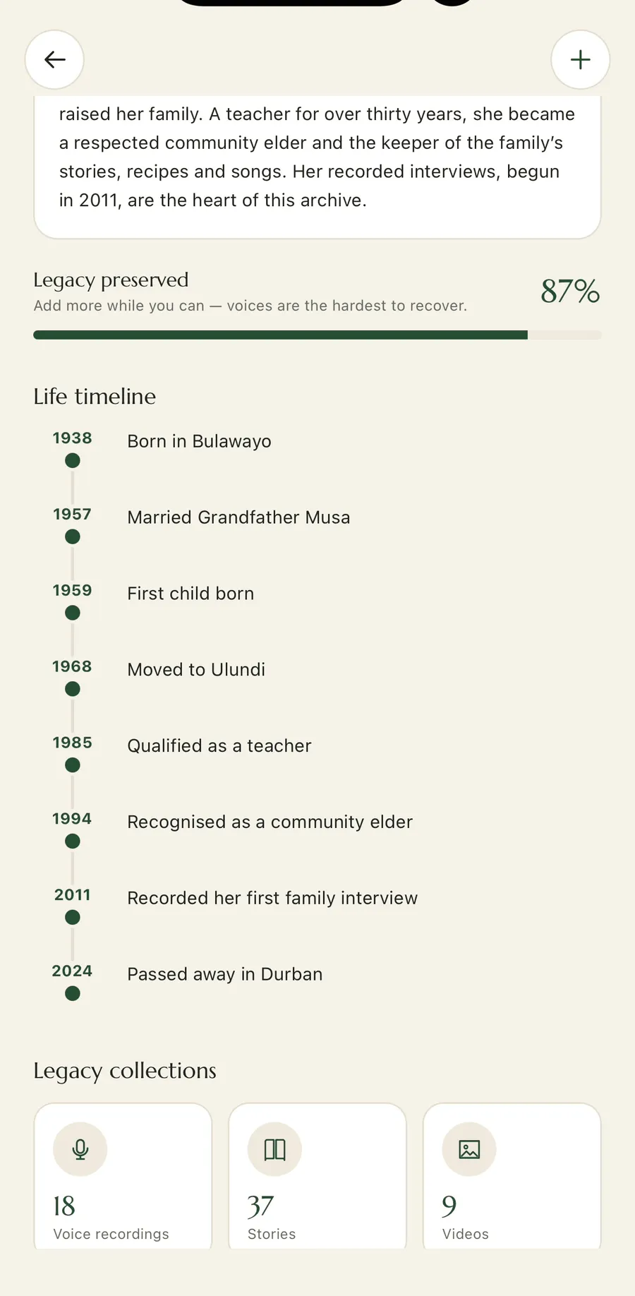 A life timeline in the Sibaya app for an example elder, running from birth in Bulawayo in 1938 through marriage, children, a move, qualifying as a teacher and a first recorded family interview, to her death in Durban in 2024. Beside it are her collections: 18 voice recordings, 37 stories and 9 videos.